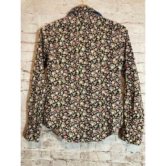 JACHS Girlfriend Shirt Womens 6 Black Micro Floral Button Up Cotton Long Sleeve - Picture 10 of 12